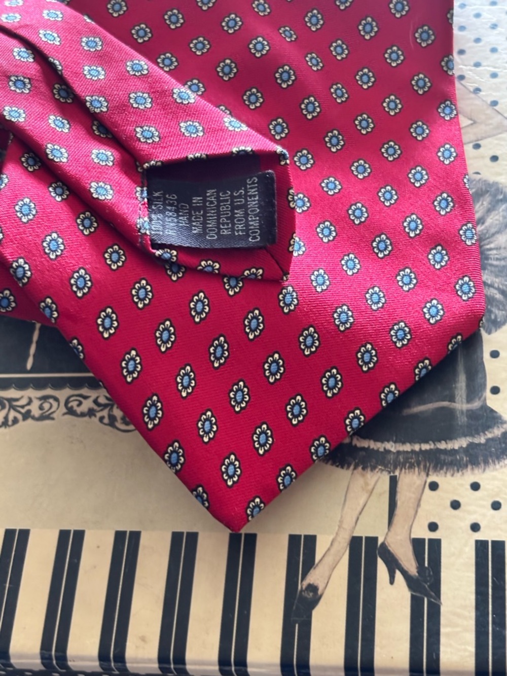Men's Red Medallion Silk Tie - Red Blue Geometric . Handmade in DR